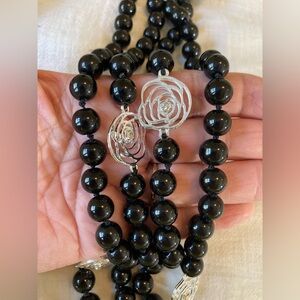 Opera Length Black Hand Knotted Beads w/ Rose Flower Accent No‎ Clasp